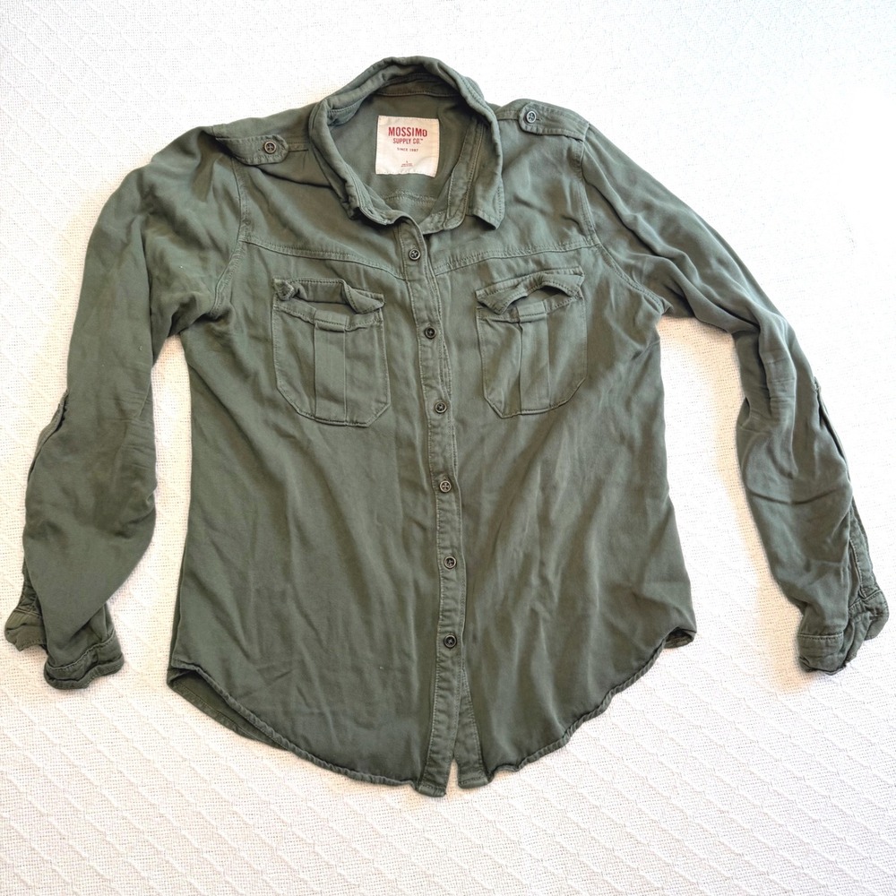 Mossimo Supply Co Womens Olive Green Utility Button Down Shirt Size L Viscose
